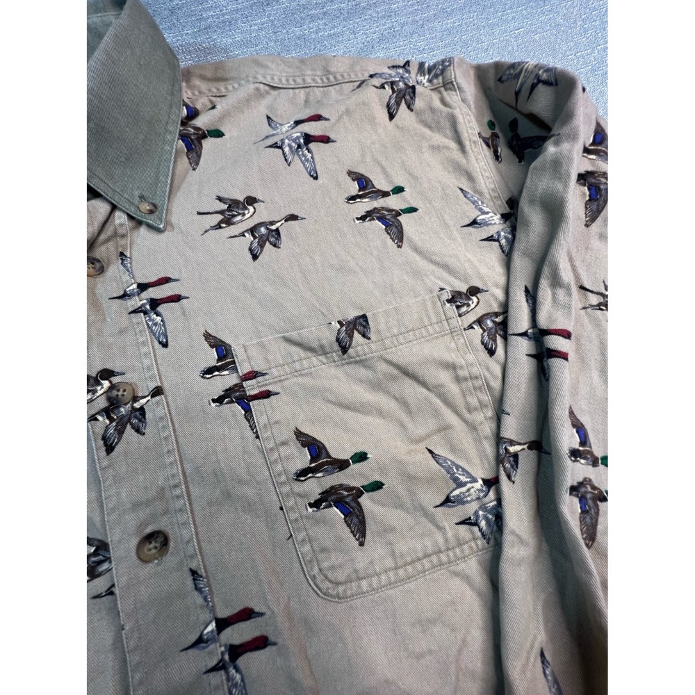 Mens Mallard Duck Flight Print Button Down Shirt Tan Cotton Canvas Hunting L - Picture 3 of 7